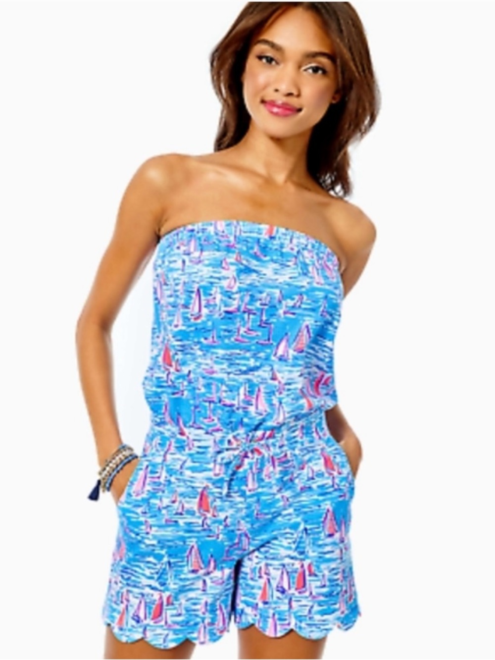 Lilly Pulitzer Blue Sailboat Print Strapless Romper with Pink Accents